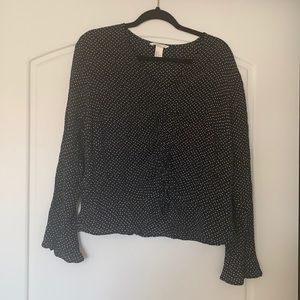 Polka Dot, Cinch-Front Long Sleeve Blouse, Size 14